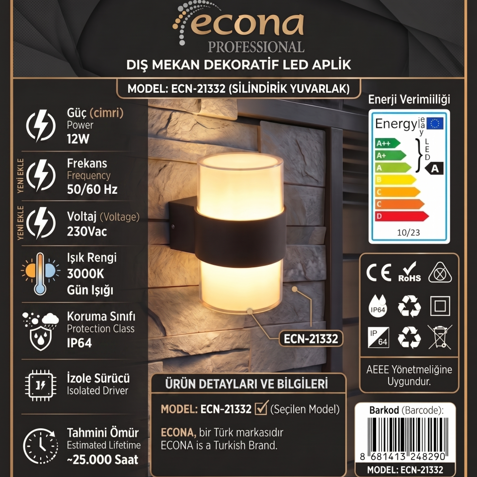 Econa ECN-21332 12W Dış Mekan LED Aplik 3000K Siyah