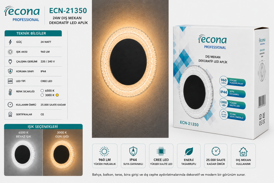 Econa ECN-21350 24W Dış Mekan LED Aplik 3000K Siyah