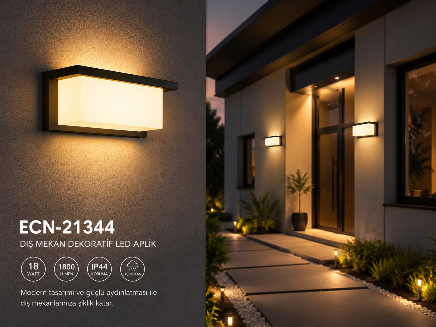 Econa ECN-21344 18W Dış Mekan LED Aplik 1800 Lümen 6500K Beyaz Işık IP44