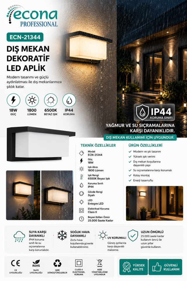 Econa ECN-21344 18W Dış Mekan LED Aplik 1800 Lümen 6500K Beyaz Işık IP44