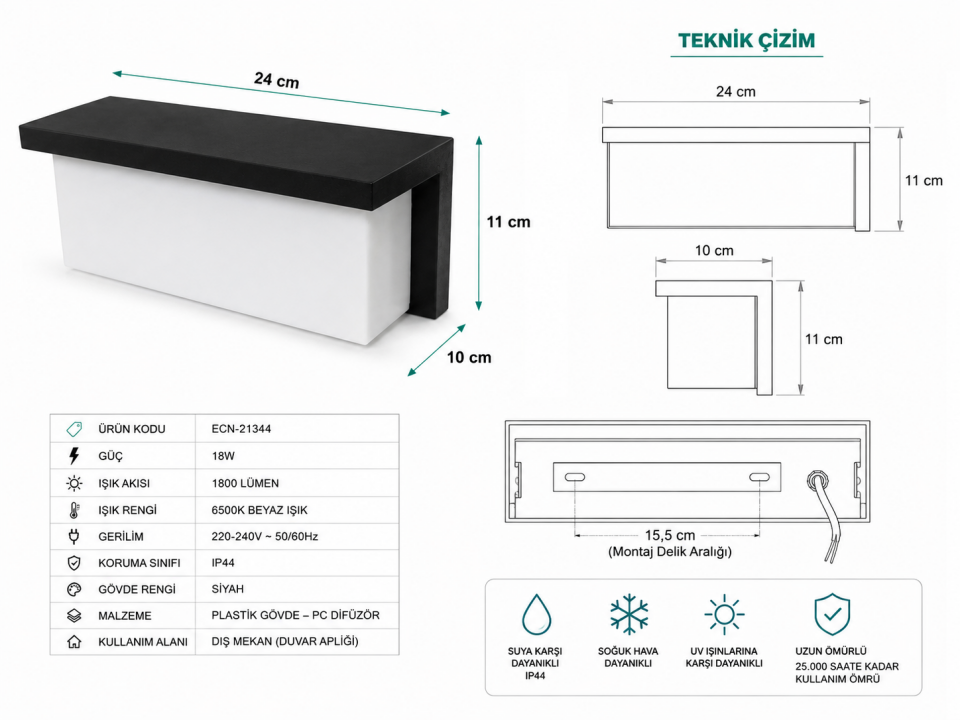 Econa ECN-21344 18W Dış Mekan LED Aplik 1800 Lümen 6500K Beyaz Işık IP44