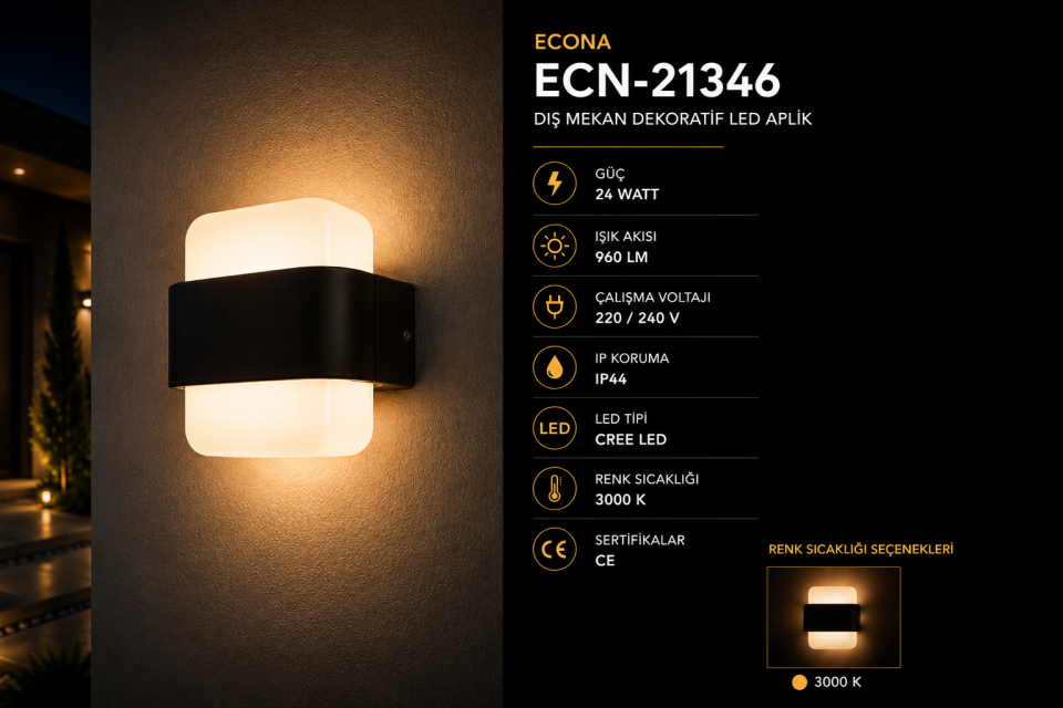 Econa ECN-21346 24W Dış Mekan LED Aplik 3000K IP44