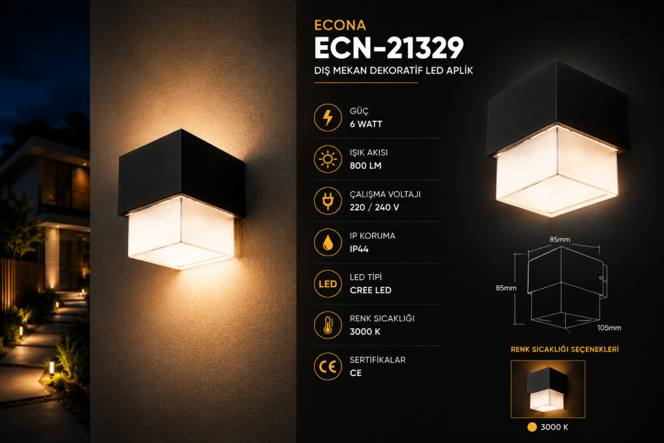 Econa ECN-21329 6W Dış Mekan LED Aplik 3000K IP44
