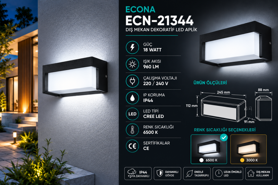 Econa ECN-21344 18W Dış Mekan LED Aplik 6500K Beyaz Işık