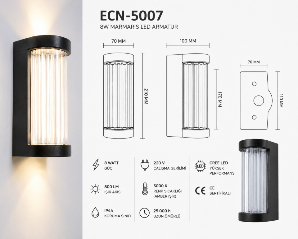 Econa ECN-5007 8W 3000K Marmaris LED Aplik IP44