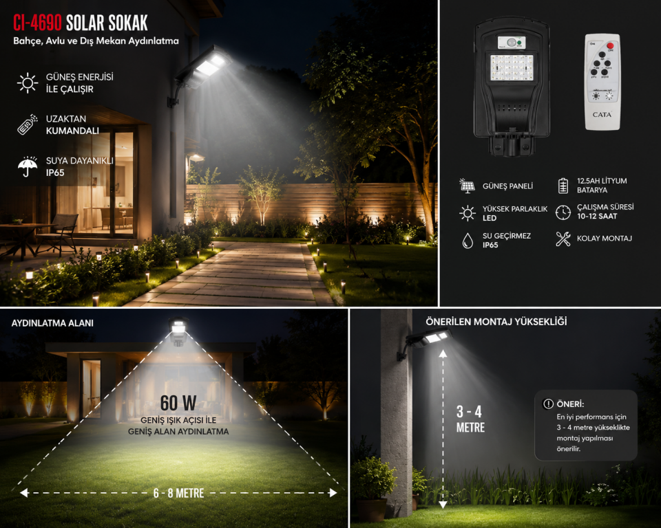 Cata CT-4690 60W Solar Sokak Aydınlatma Armatürü Uzaktan Kumandalı