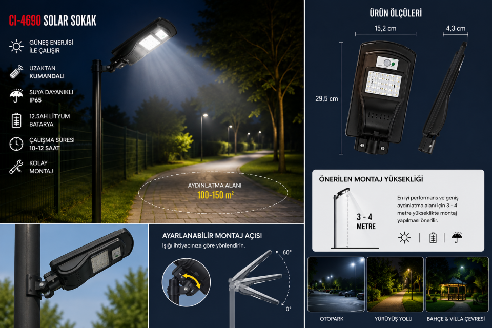 Cata CT-4690 60W Solar Sokak Aydınlatma Armatürü Uzaktan Kumandalı