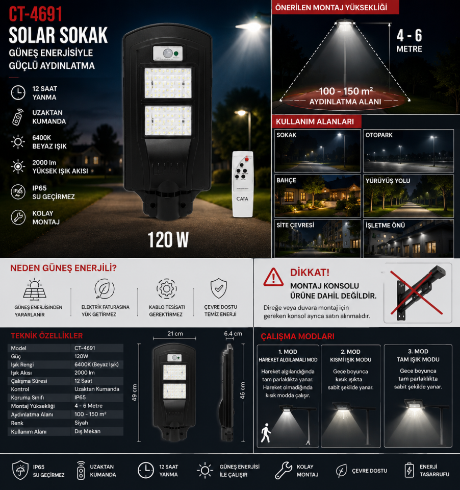 Cata CT-4691 120W Solar Sokak Aydınlatma 6400K 2000 Lümen IP65