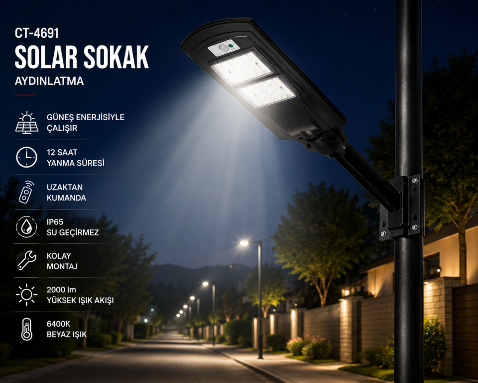Cata CT-4691 120W Solar Sokak Aydınlatma 6400K 2000 Lümen IP65