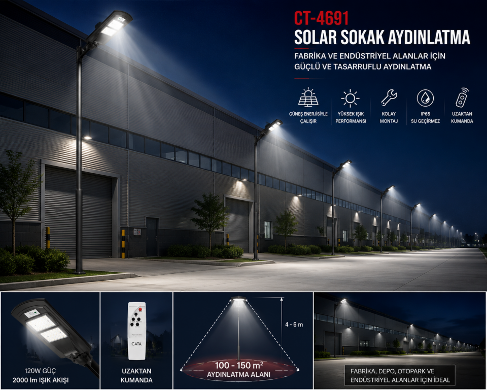 Cata CT-4691 120W Solar Sokak Aydınlatma 6400K 2000 Lümen IP65