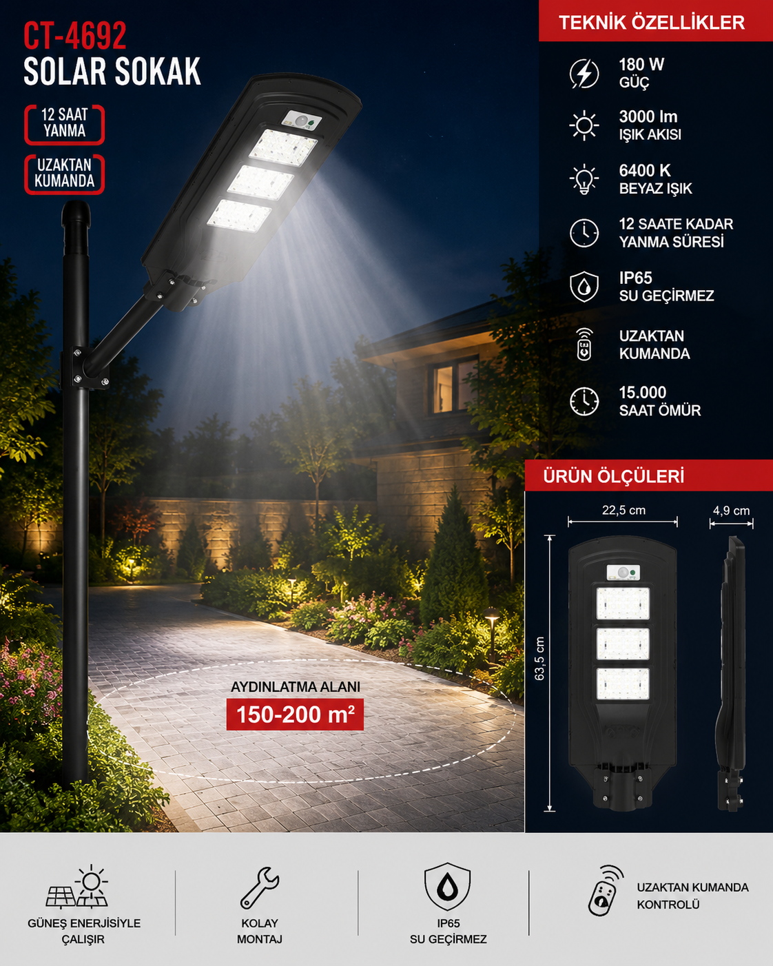 Cata CT-4692 180W Solar Sokak Aydınlatma 3000 Lümen 6400K IP65