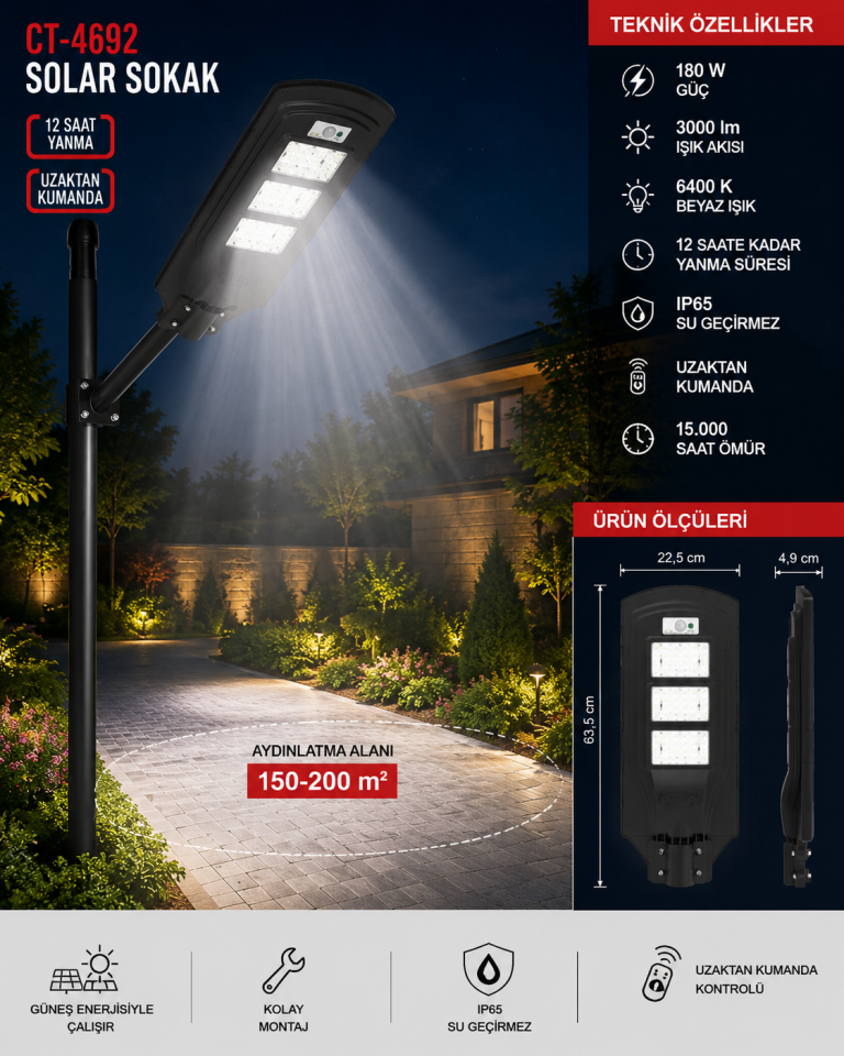 Cata CT-4692 180W Solar Sokak Aydınlatma 3000 Lümen 6400K IP65