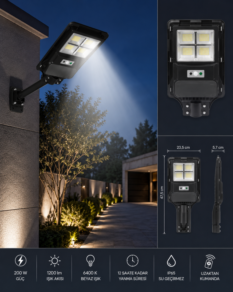 Cata CT-4640 200W Solar Sokak Aydınlatma 6400K IP65 Uzaktan Kumandalı