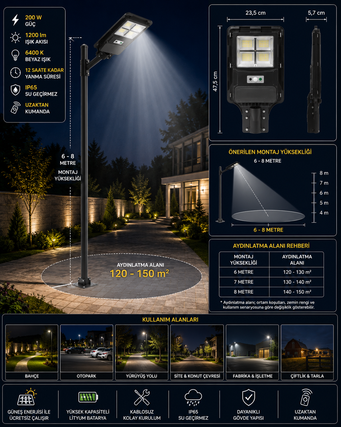 Cata CT-4640 200W Solar Sokak Aydınlatma 6400K IP65 Uzaktan Kumandalı
