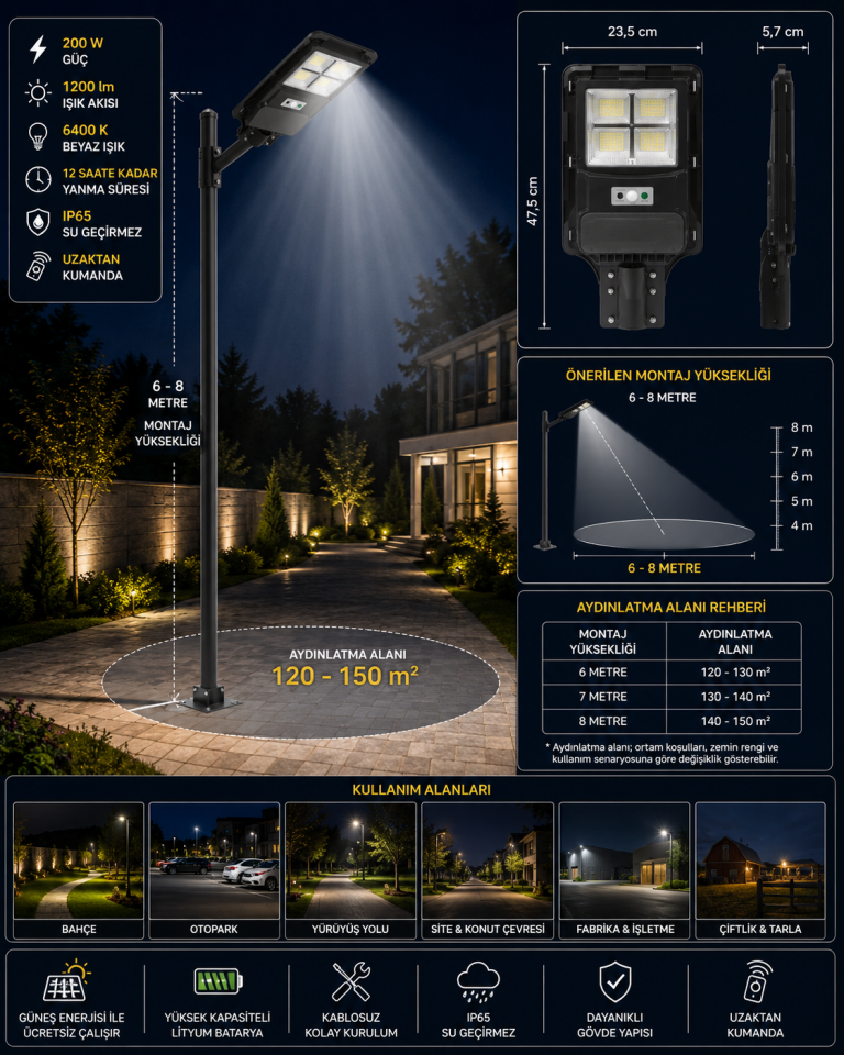Cata CT-4640 200W Solar Sokak Aydınlatma 6400K IP65 Uzaktan Kumandalı