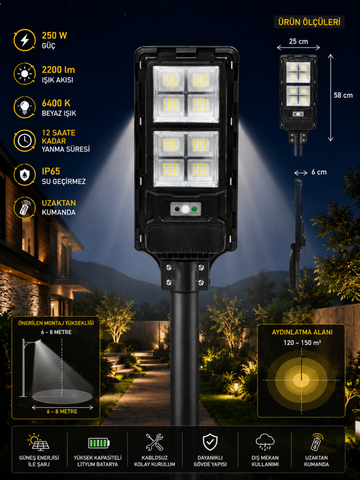 Cata CT-4641 250W Solar Sokak Aydınlatma 2200 Lümen 6400K IP65