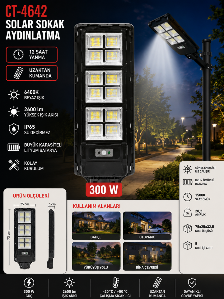 Cata CT-4642 300W Solar Sokak Aydınlatma 2600 Lümen 6400K IP65