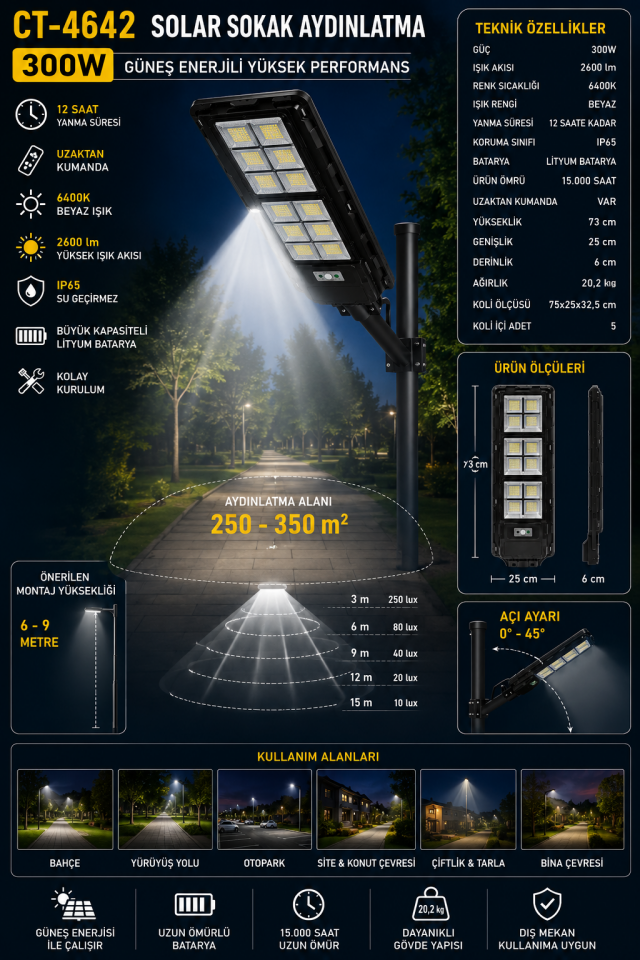 Cata CT-4642 300W Solar Sokak Aydınlatma 2600 Lümen 6400K IP65