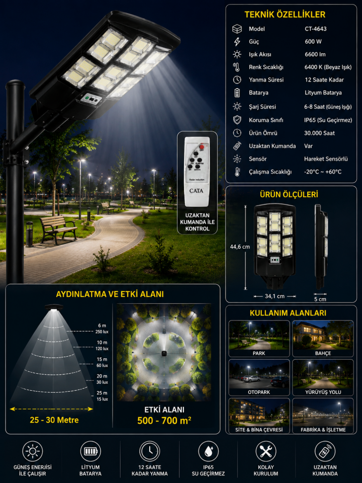 Cata CT-4643 600W Supernova Solar Sokak Aydınlatma 6600 Lümen 6400K IP65