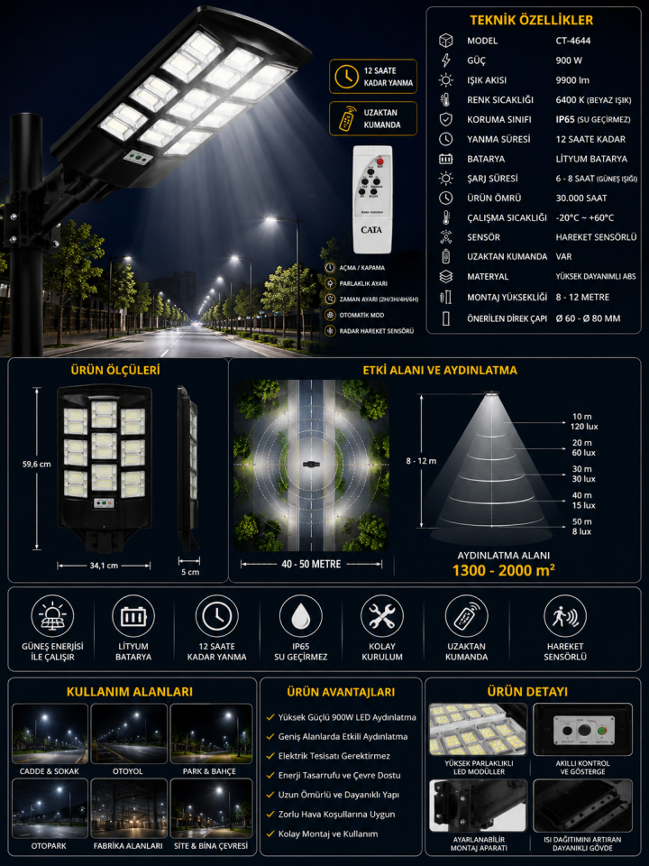 Cata CT-4644 900W Supernova Solar Sokak Aydınlatma 9900 Lümen 6400K IP65