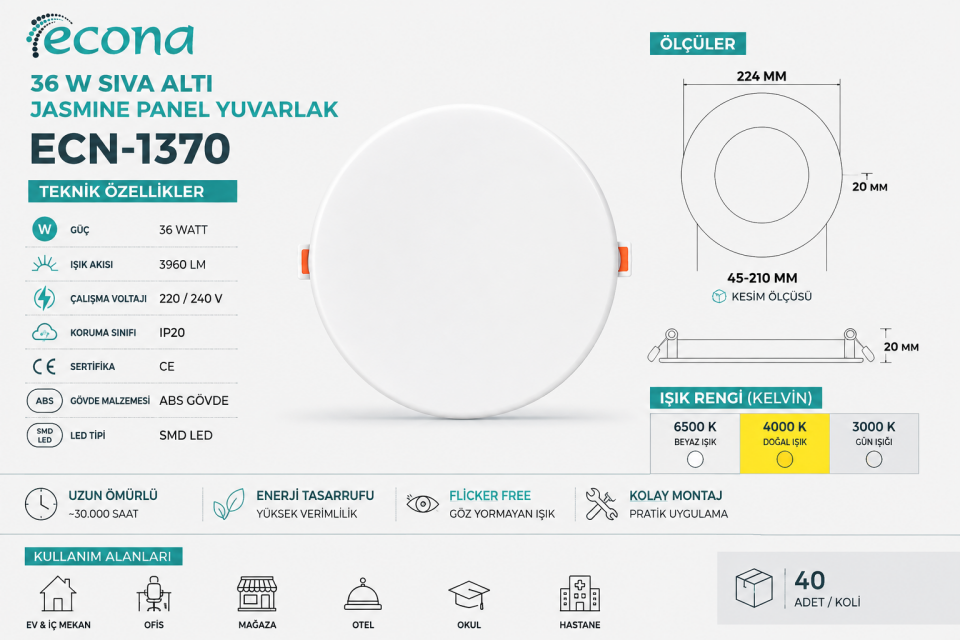 Econa ECN-1370 36W Seri LED Panel Yuvarlak 4000K 3960 Lümen