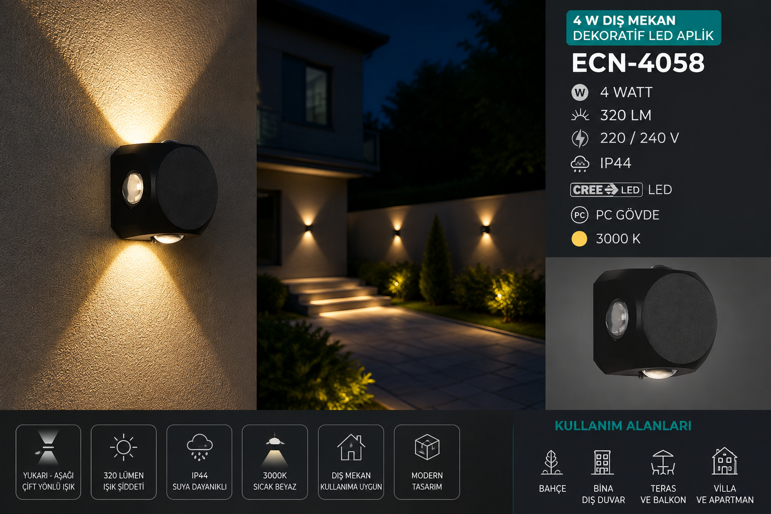 Econa ECN-4058 4W 3000K Dış Mekan Dekoratif LED Aplik IP44