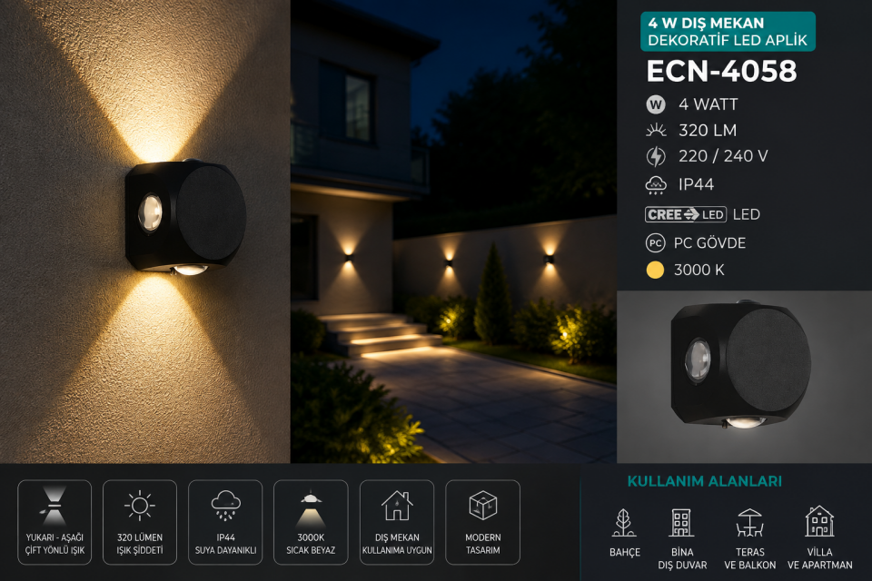 Econa ECN-4058 4W 3000K Dış Mekan Dekoratif LED Aplik IP44