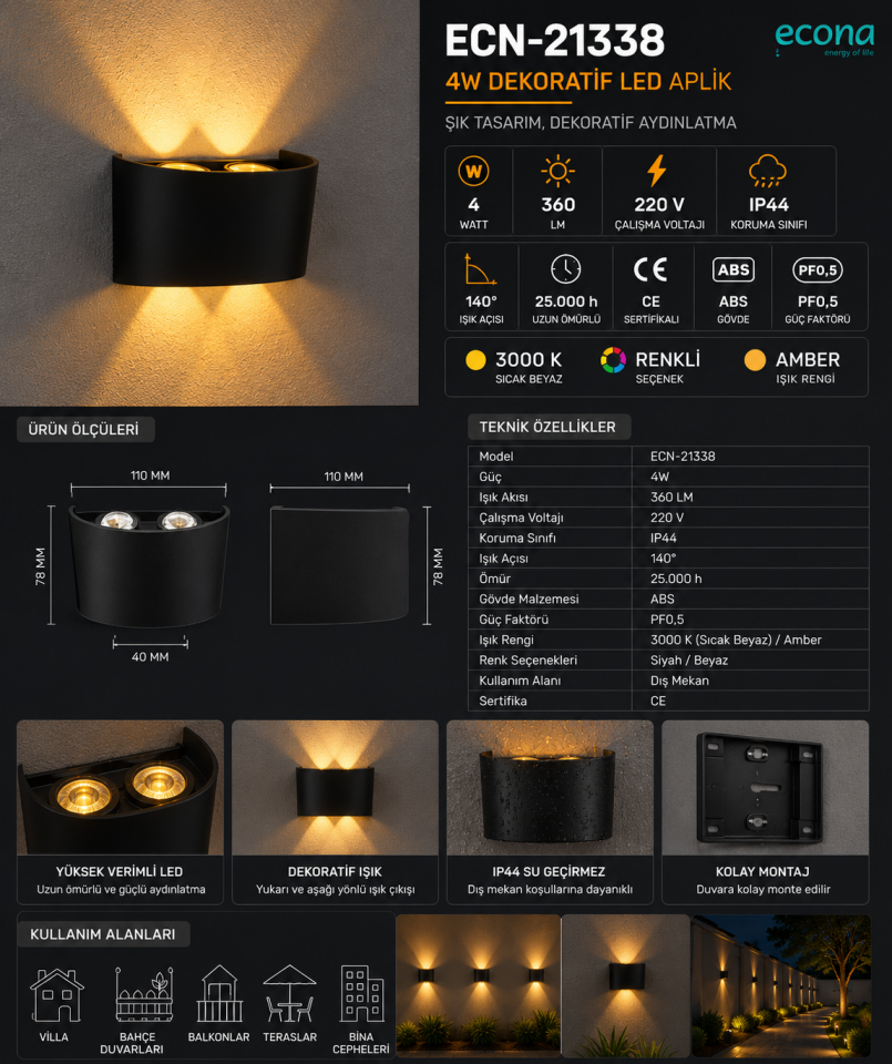 Econa ECN-21338 Amber Dış Mekan LED Aplik 4W 360 Lümen IP44 Siyah