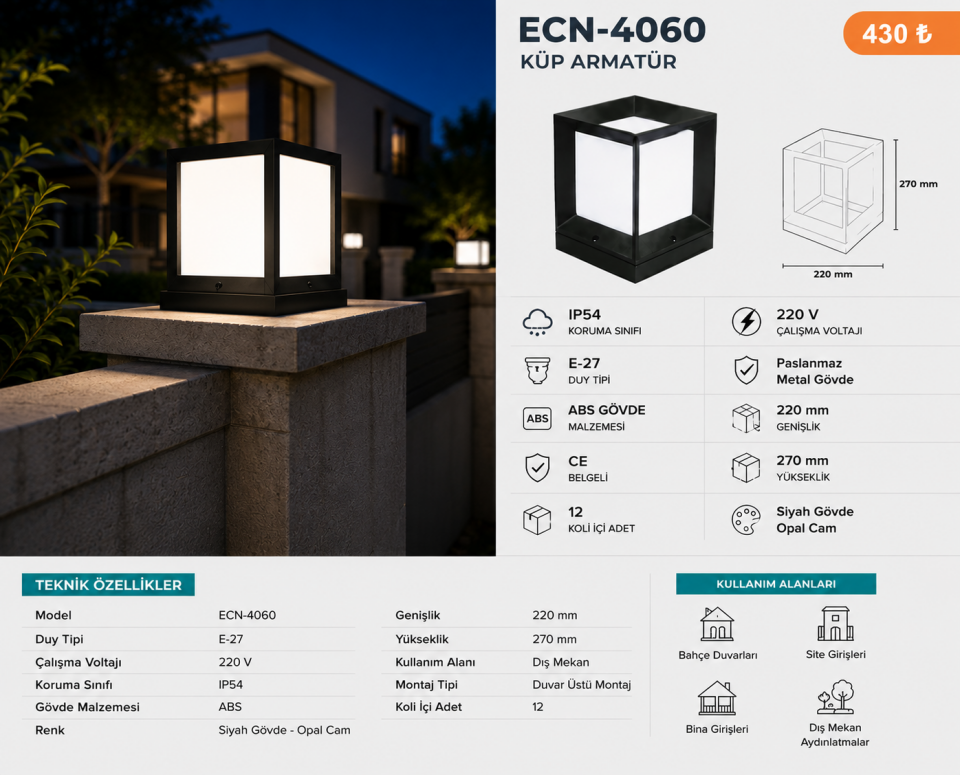 Econa ECN-4060 Küp Armatür E27 IP54 Siyah Dış Mekan Aydınlatma