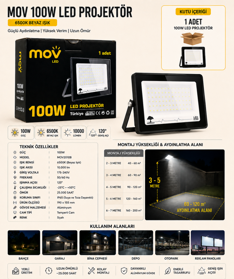 MOV 100W LED Projektör 6500K Beyaz Işık 10.000 Lümen Dış Mekan