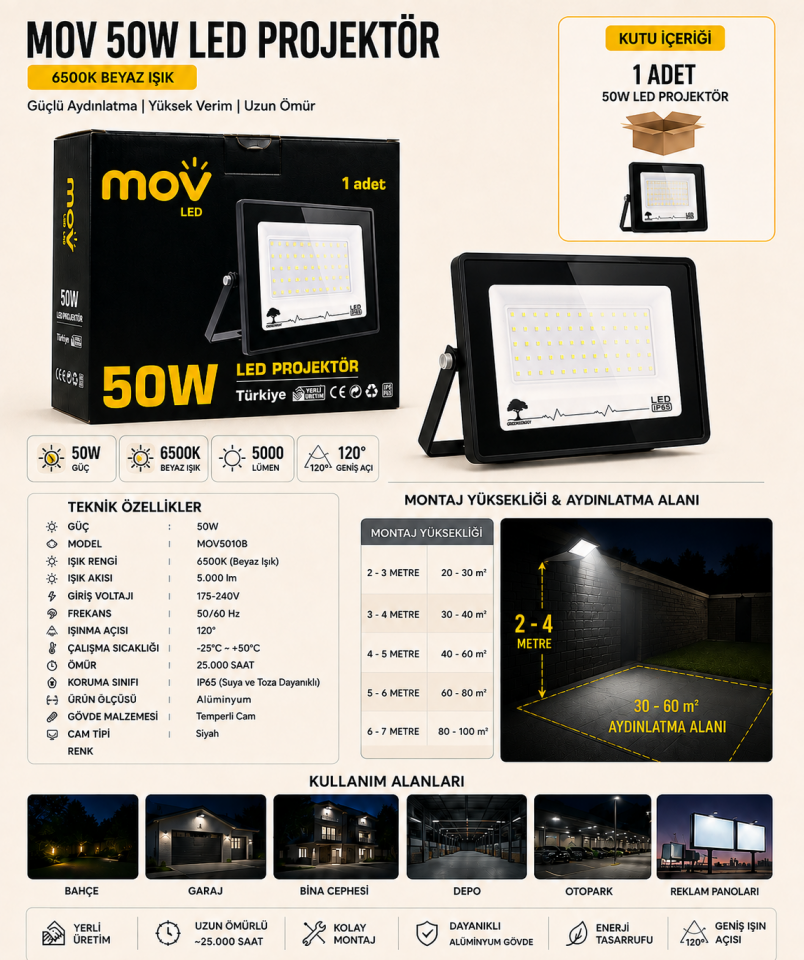 MOV 50W LED Projektör 6500K Beyaz Işık 5.000 Lümen Dış Mekan