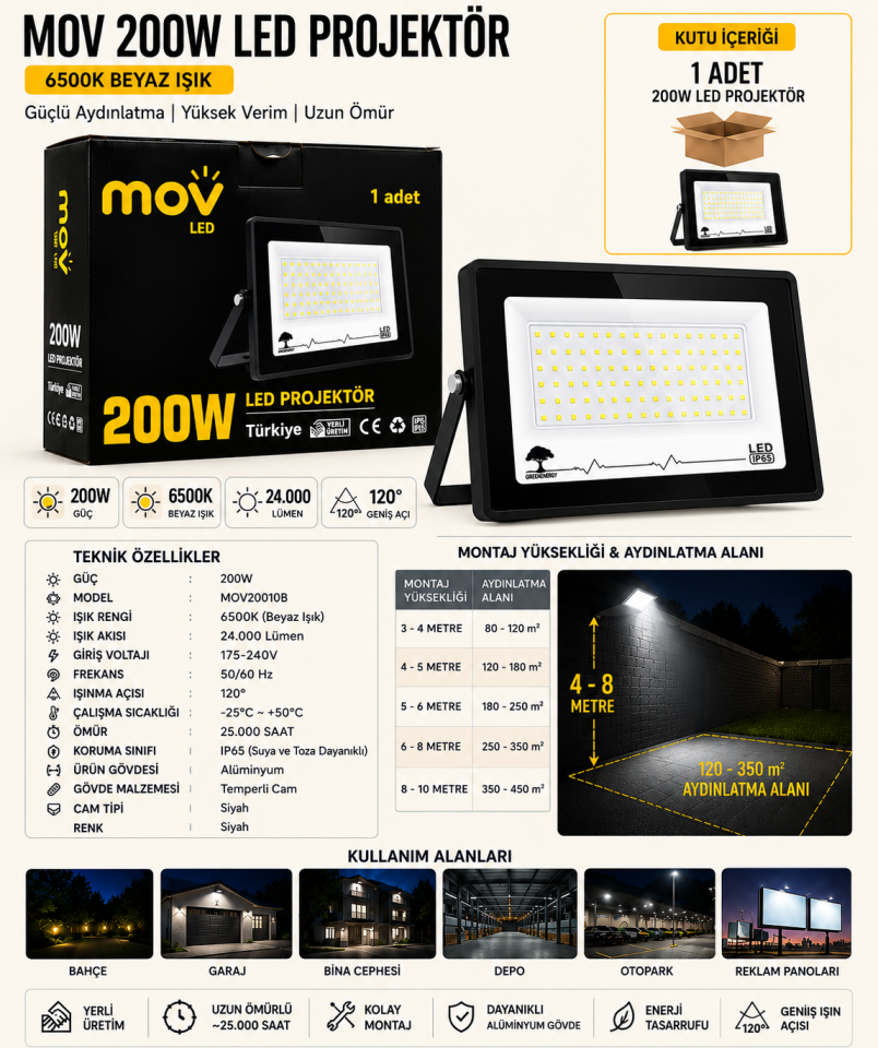MOV 200W LED Projektör 6500K Beyaz Işık 20.000 Lümen Dış Mekan