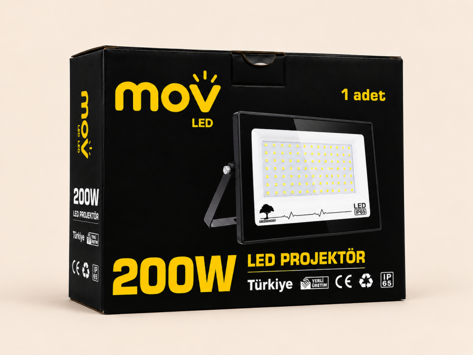 MOV 200W LED Projektör 6500K Beyaz Işık 20.000 Lümen Dış Mekan