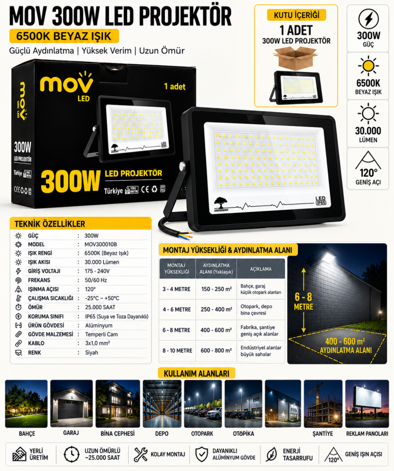 MOV 300W LED Projektör 6500K Beyaz Işık 30.000 Lümen Dış Mekan