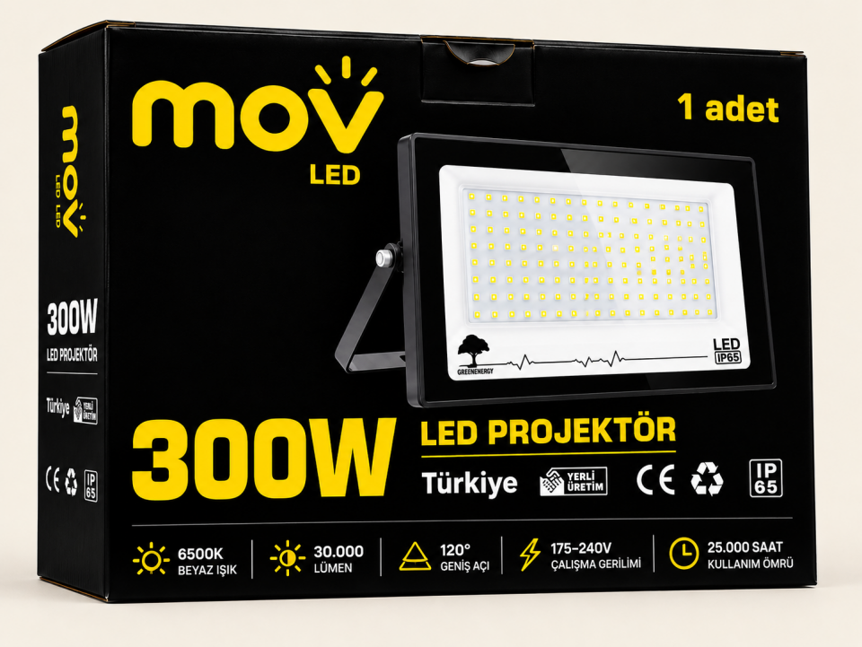 MOV 300W LED Projektör 6500K Beyaz Işık 30.000 Lümen Dış Mekan