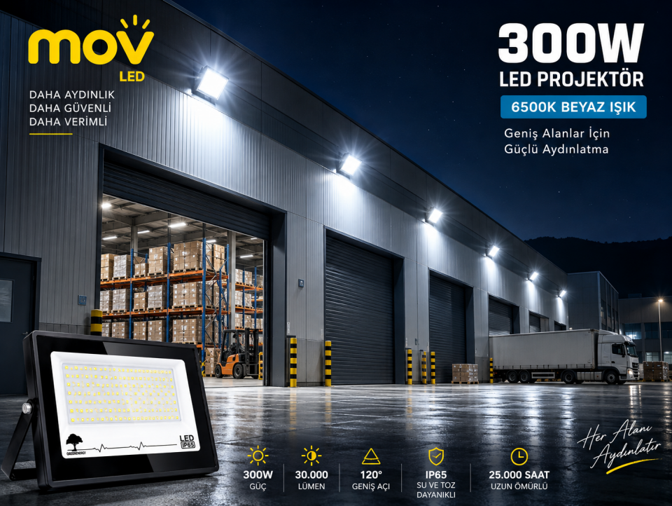 MOV 300W LED Projektör 6500K Beyaz Işık 30.000 Lümen Dış Mekan