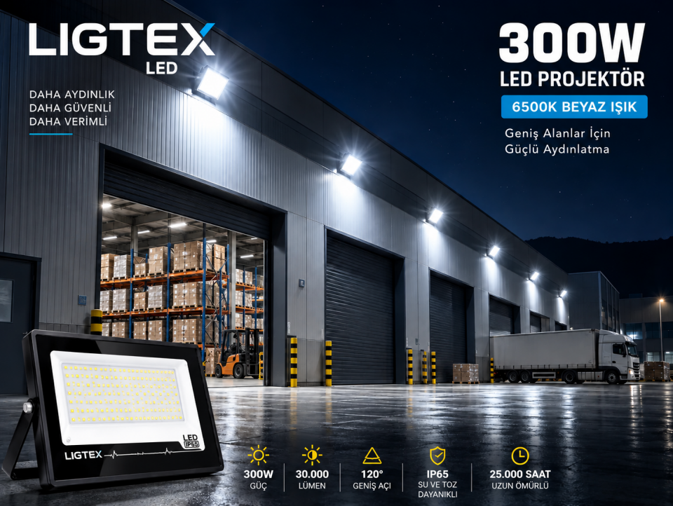LİĞTEX 300W LED Projektör 6500K Beyaz Işık 30.000 Lümen Dış Mekan