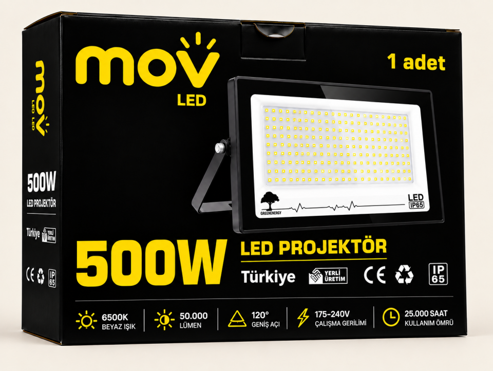 MOV 500W LED Projektör 6500K Beyaz Işık 50.000 Lümen Dış Mekan