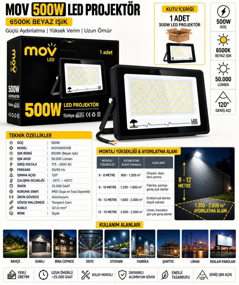 MOV 500W LED Projektör 6500K Beyaz Işık 50.000 Lümen Dış Mekan