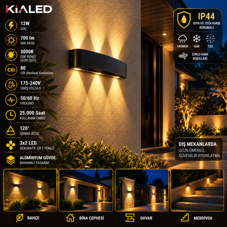 KIALED 12W Çift Yönlü LED Duvar Apliği 3x2 3000K Gün Işığı İç ve Dış Mekan