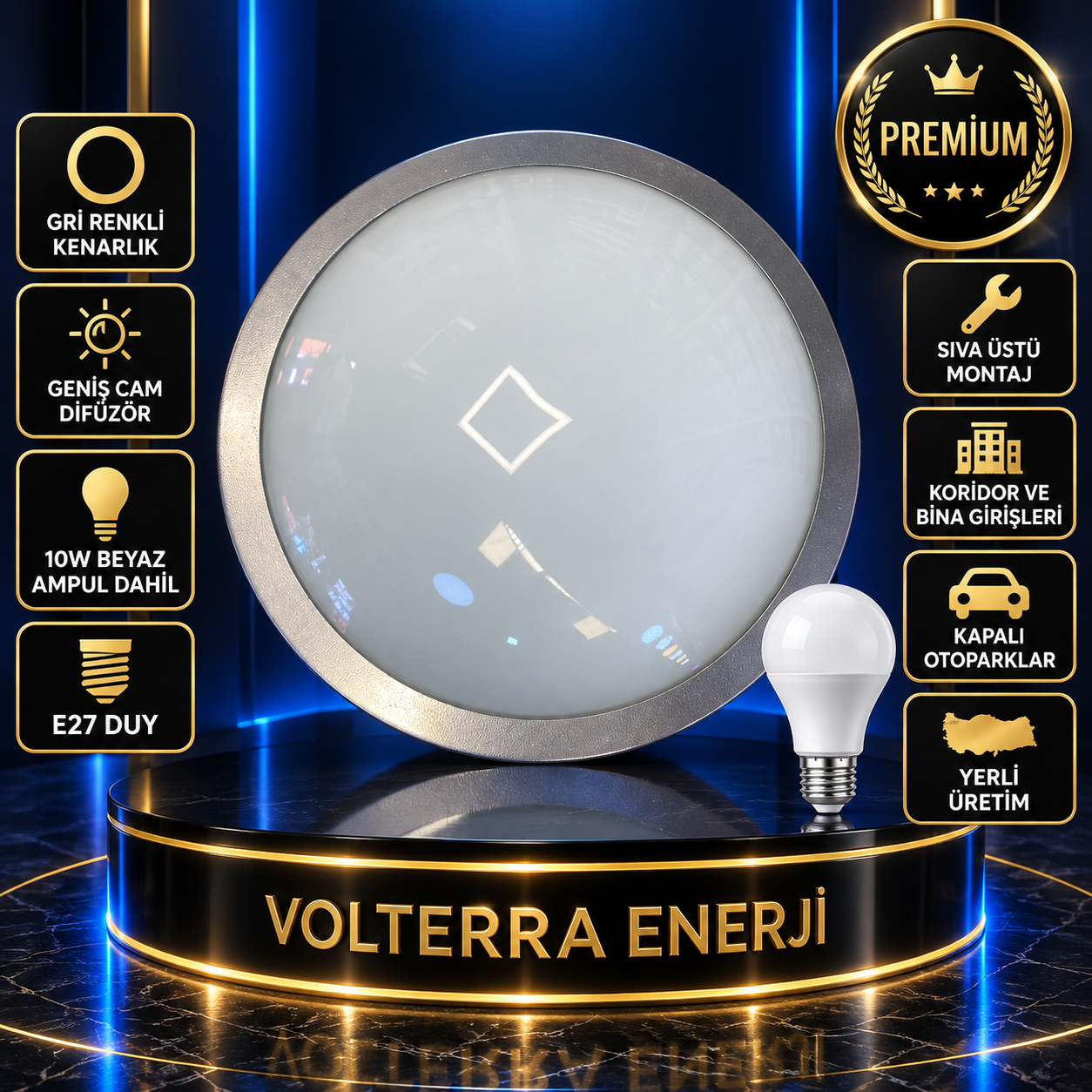 Gri Tavan Armatürü 10W Ampul Dahil | Sirena