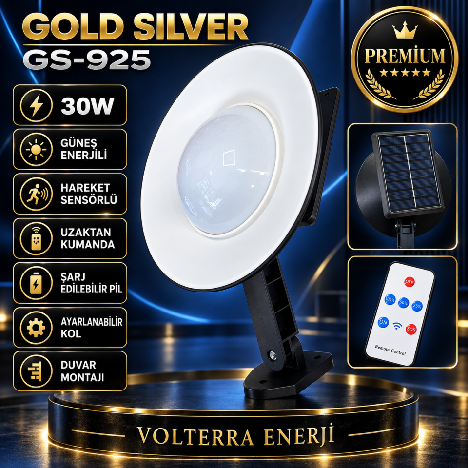 Gold Silver GS-925 30W Güneş Enerjili Sensörlü Duvar Lambası