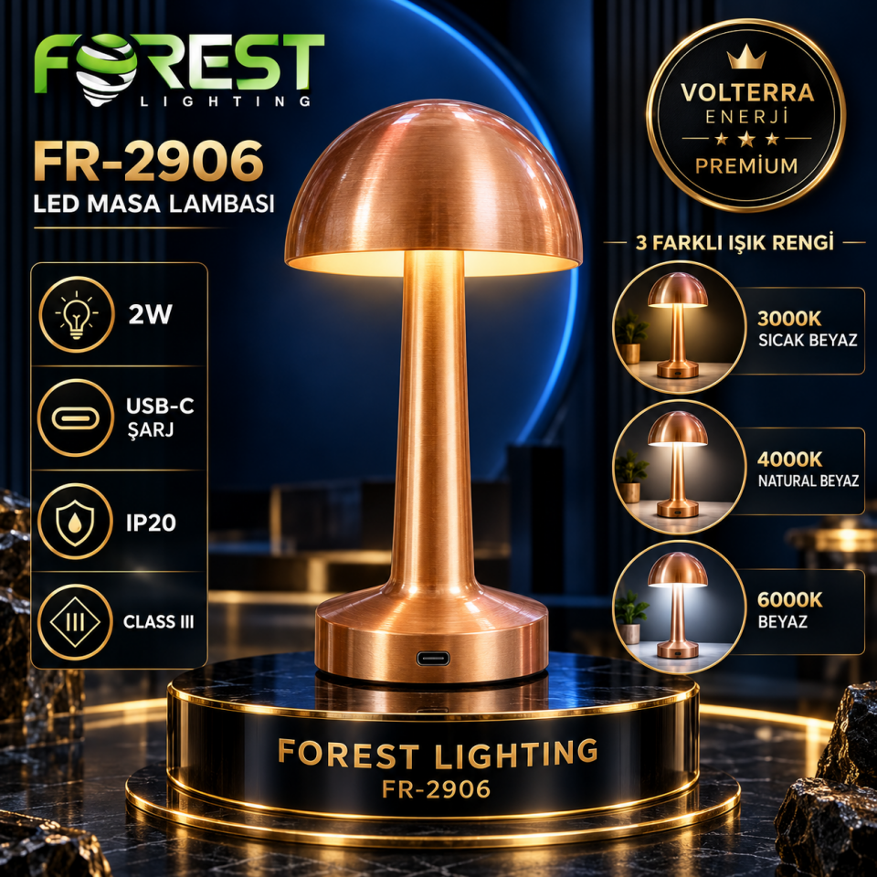 Forest FR-2906 Şarjlı LED Masa Lambası 3 Renk Rose Gold