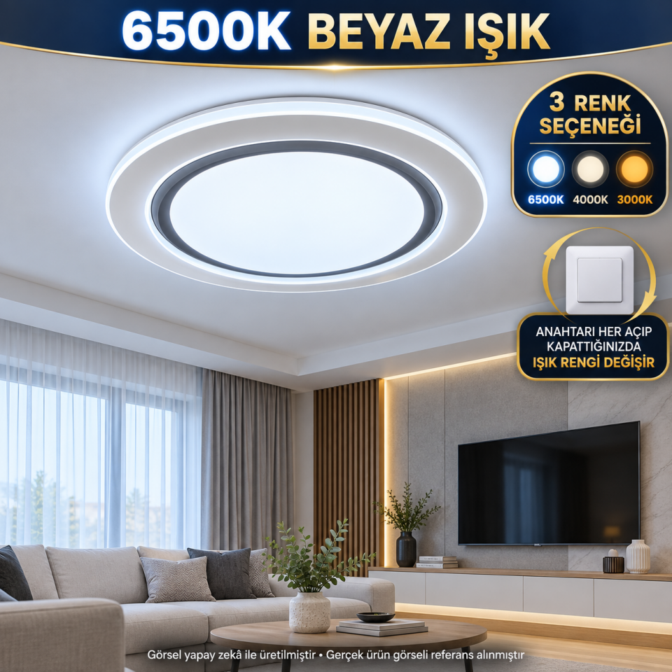 Modern Yuvarlak 3 Renkli LED Avize 6500K 4000K 3000K Beyaz Gri