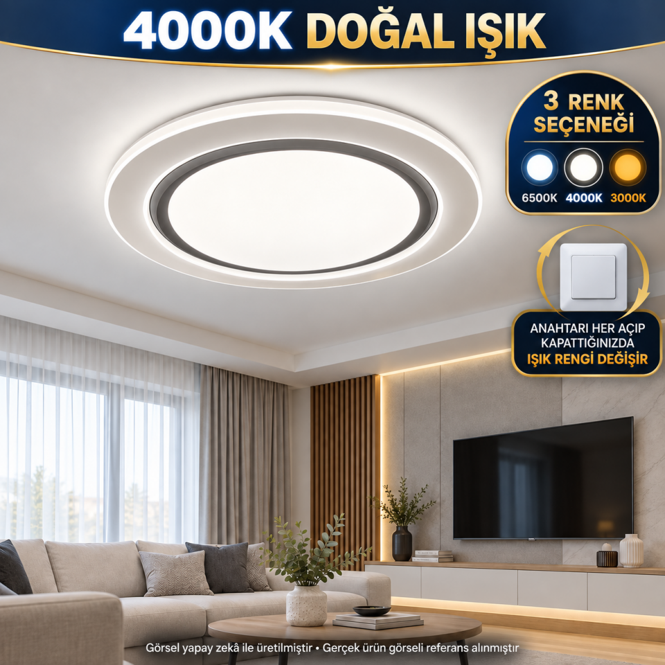 Modern Yuvarlak 3 Renkli LED Avize 6500K 4000K 3000K Beyaz Gri