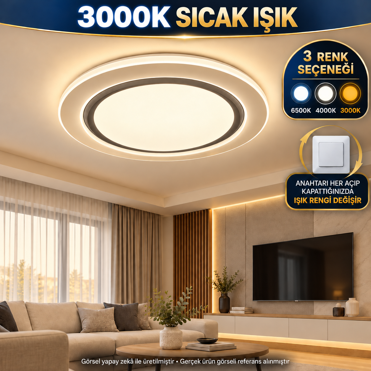 Modern Yuvarlak 3 Renkli LED Avize 6500K 4000K 3000K Beyaz Gri
