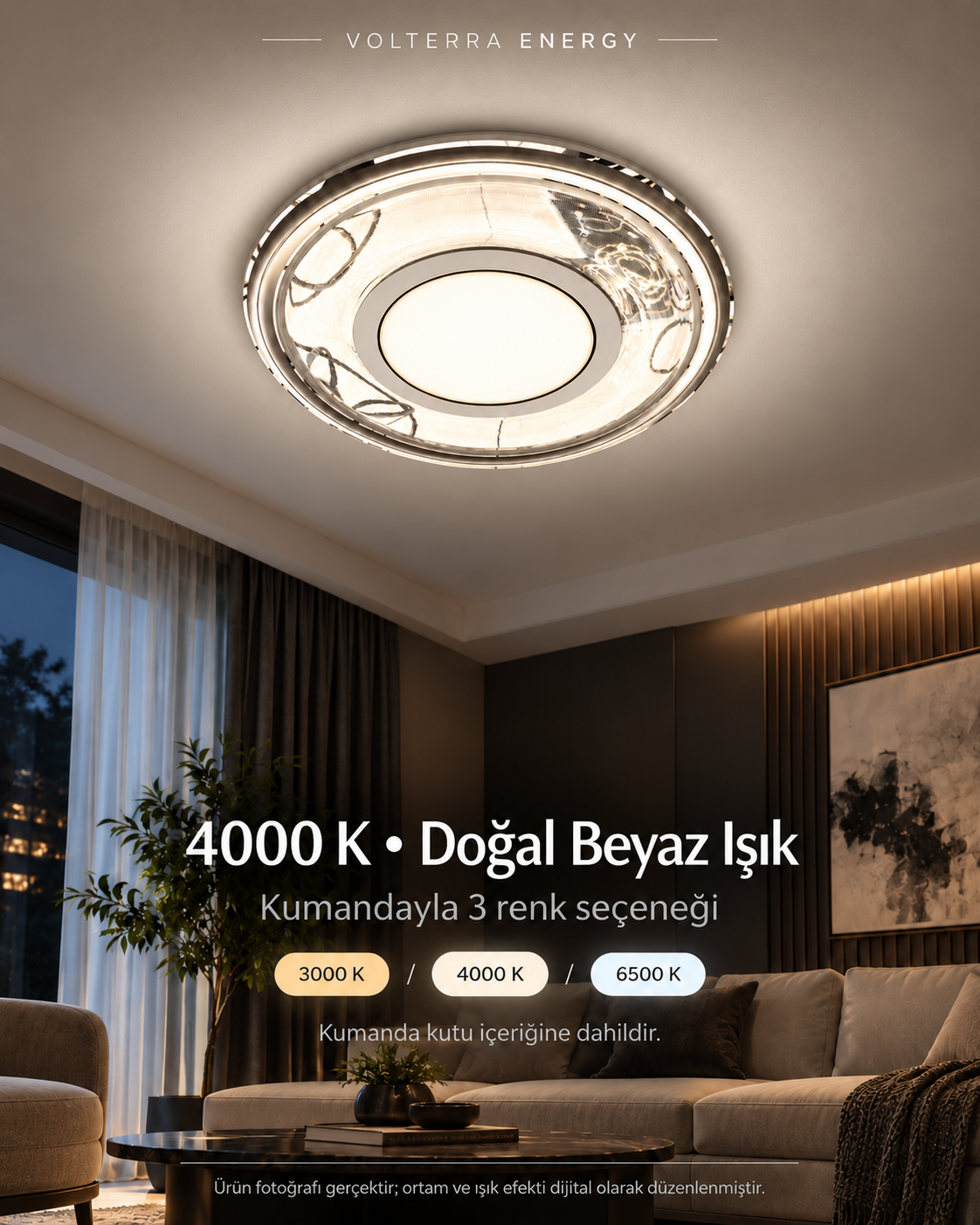 Kumandalı 3 Renkli LED Tavan Armatürü 3000K 4000K 6500K