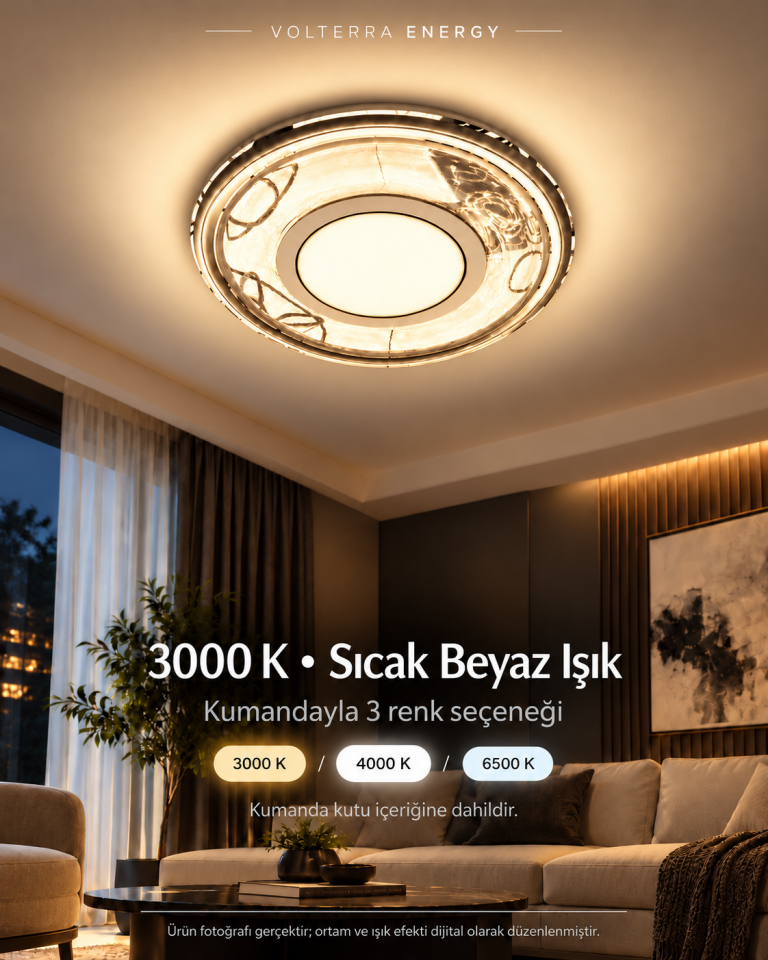 Kumandalı 3 Renkli LED Tavan Armatürü 3000K 4000K 6500K