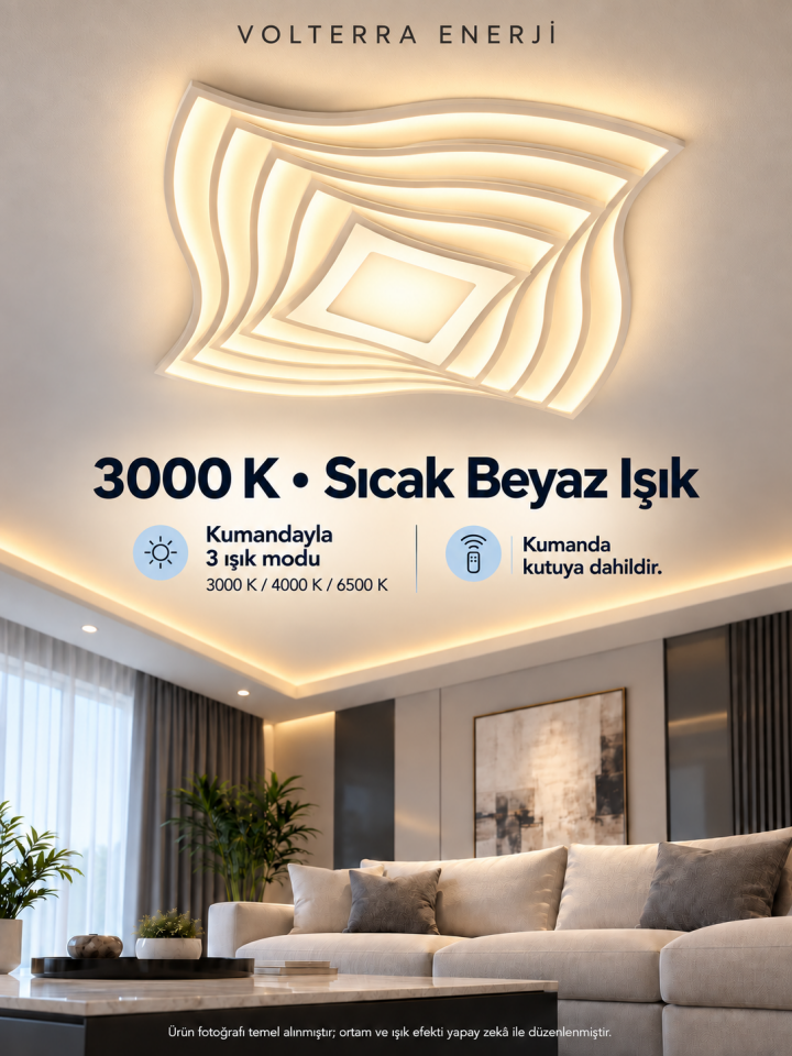 Kumandalı 3 Renkli Kare LED Avize – Kıvrımlı Tasarım