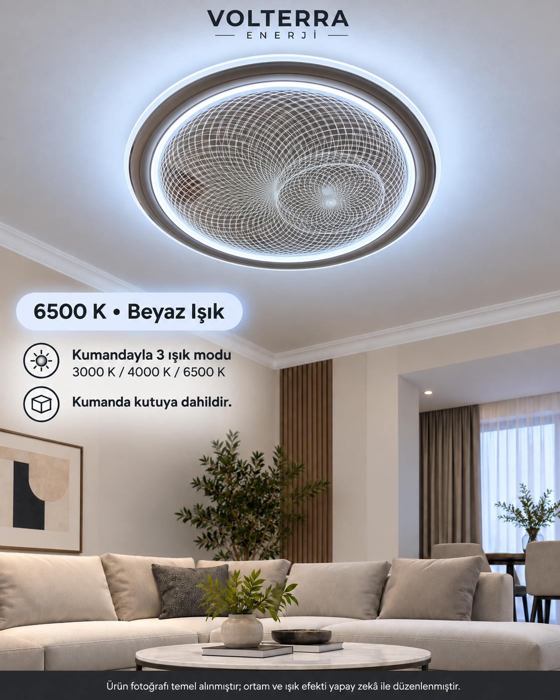 Kumandalı 3 Renkli Yuvarlak LED Avize – Spiral Desenli